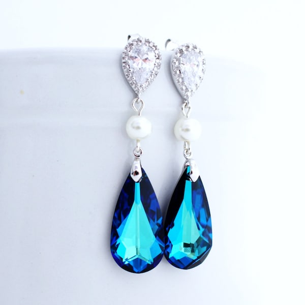 Peacock Wedding Earrings, Blue Bridal Statement Earrings, Peacock Bridesmaid Earrings, Wedding Teardrop Earrings, Crystal Bridal Earrings