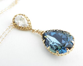 Gold and Navy Blue Bridal Necklace, Denim Swarovski Teardrop Wedding Necklace, Cubic Zirconia Drop Bridesmaid Pendant Necklace, Gold Silver