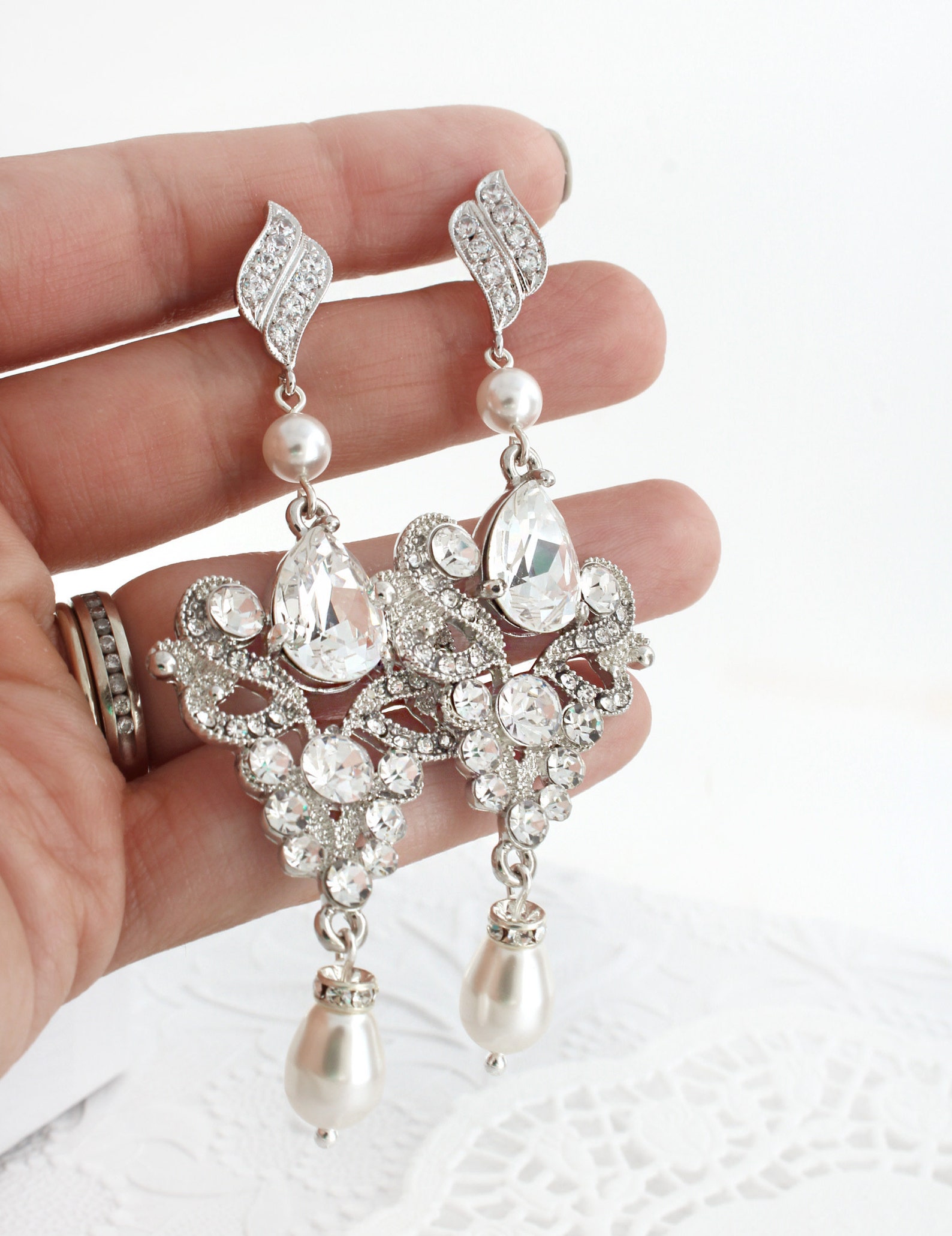 Long Pearl Bridal Chandelier Earrings, Pearl and Crystal Chandelier