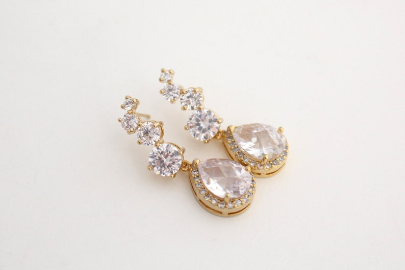 Clear Cubic Zirconia Earrings Gold Bridal Earrings Gold Luxury Wedding Earrings Teardrop Wedding Earrings Wedding Jewelry for Brides