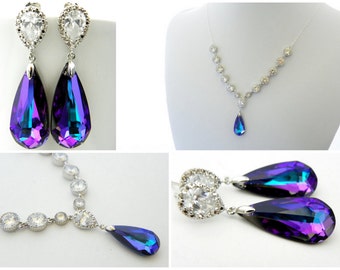 Purple Bridal Earrings and Necklace Set, Bridal Statement Earrings, Peacock Wedding Earring, Crystal Bridal Necklace, Cubic Zirconia Jewelry