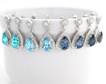 Light Blue Art Deco Wedding Earrings, Dark Blue Statement Wedding Earrings, Blue Wedding Teardrop Earrings, Cubic Zirconia Earrings, Dangle