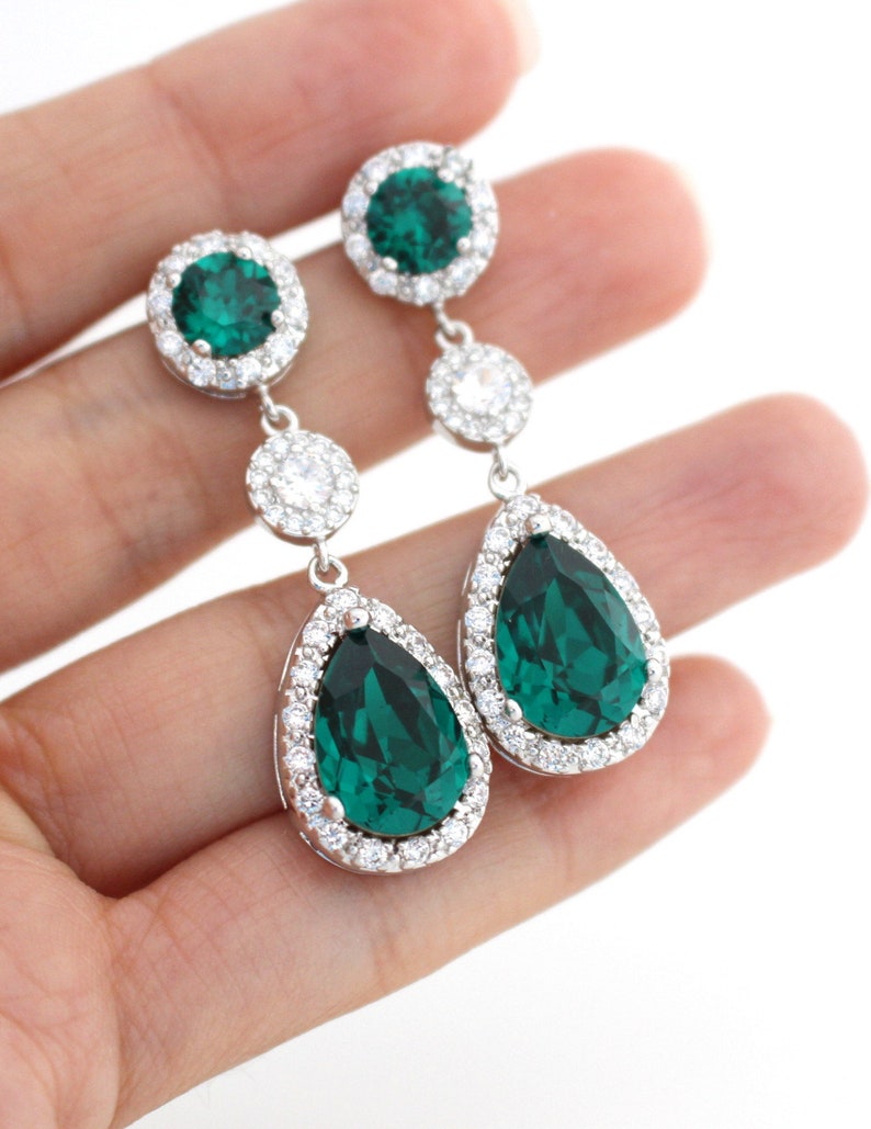 Emerald Green Bridal Earrings Green Wedding Earrings image 3