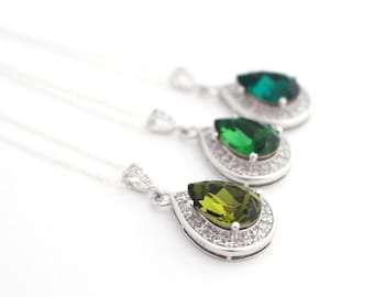 Green Wedding Necklace Olivine Dark Moss Green Swarovski Drop Bridal Bridesmaid Necklace Jewelry Emerald Teardrop Crystal Pendant Necklace