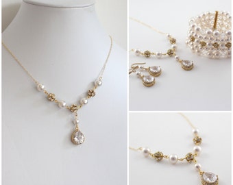 Bridal Earrings and Necklace Set with Bracelet, Pearl Bridal Earrings and Bracelet Set, Statement Wedding Earrings, Gold Wedding Jewelry