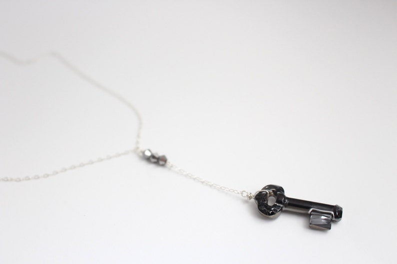 Swarovski Skeleton Key Necklace, Birthday Gift for Girlfriend, Best Friend Gift, Charcoal Pendant Necklace, Crystal Y Necklace Gray Necklace image 4