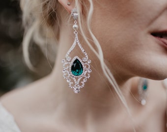 Green Bridal Statement Earrings, Emerald Swarovski Crystal Earrings Long, Bridal Chandelier Earring, Art Deco Bridal Tropical Winter Jewelry