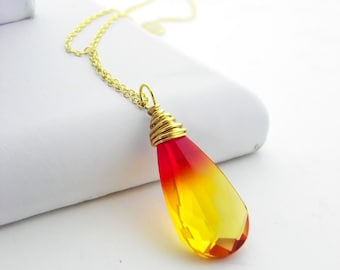 Orange and Yellow Ombre Bridesmaid Necklace, Wire Wrapped Pendant Necklace, Maid of Honor Jewelry, Swarovski Teardrop Gold or Silver