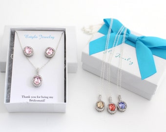 Will you be my Bridesmaid Gift, Rose Quartz Jewelry Swarovski, Cubic Zirconia Wedding Set, Pink Swarovski Necklace and Earring Set, Ask Gift