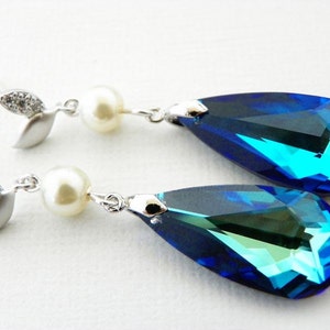 Peacock Blue Earrings, Bermuda Blue Swarovski Crystal Earrings, Blue Bridal Earrings, Blue Pearl Earrings, Wedding Earrings Pearl, Teardrop