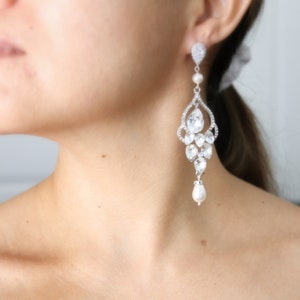 Long Bridal Chandelier Earrings Chandelier Wedding Earrings Crystal and Pearl Earrings Vintage Style Jewelry Crystal Statement Gold Earrings image 5