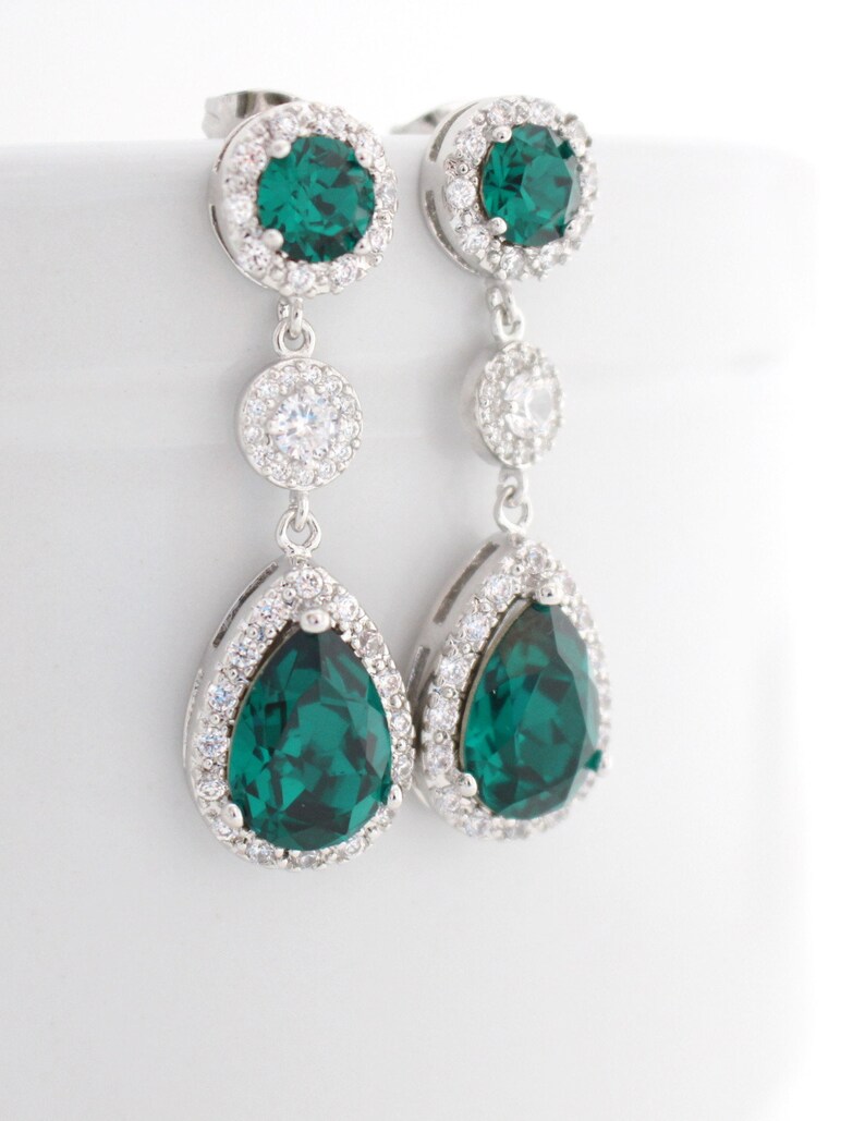 Emerald Green Bridal Earrings, Green Wedding Earrings, Swarovski Crystal Earrings, Teardrop Dangle Bridesmaid Jewelry, Cubic Zirconia Silver image 2