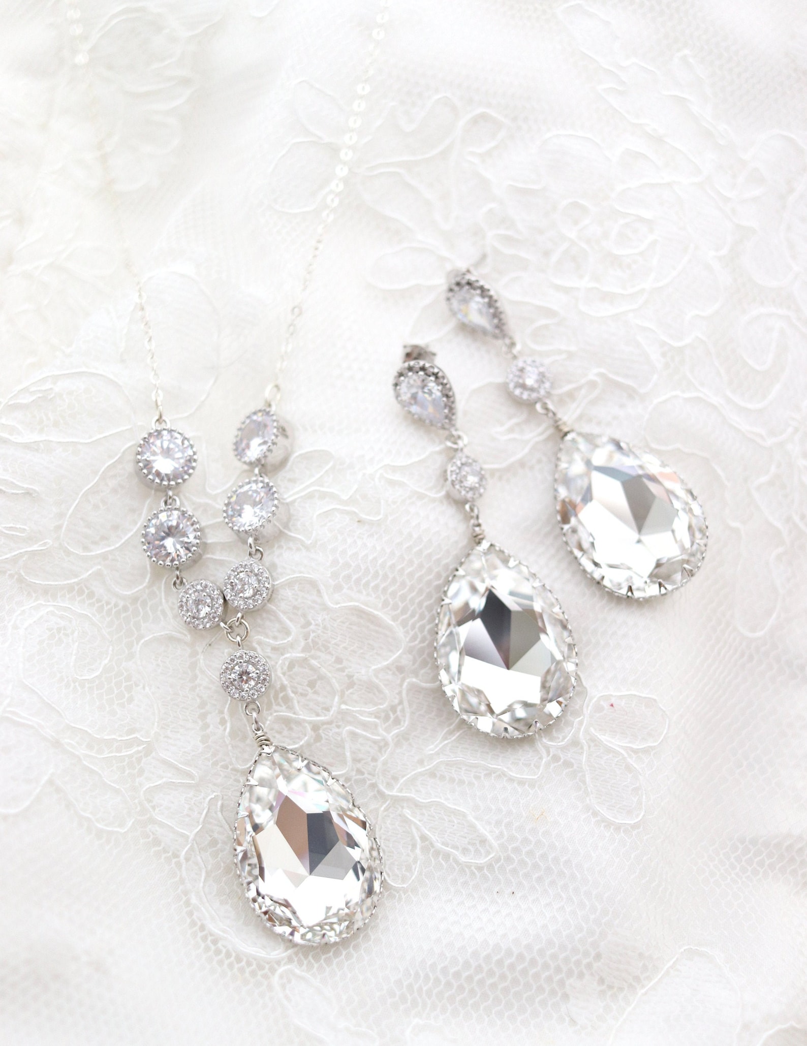 Statement Wedding Necklace and Earrings Set for Bride, Cubic Zirconia Statement Wedding Necklace and Earrings Set for Bride, Cubic Zirconia