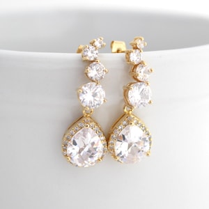 Gold Bridal Earrings, Gold Luxury Wedding Earrings, Clear Cubic Zirconia Earrings, Wedding Jewelry for Brides, Teardrop Wedding Earrings