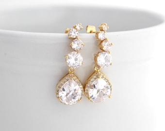 Pendientes de novia dorados, pendientes de boda dorados de lujo, pendientes de circonita cúbica transparente, joyas de boda para novias, pendientes de boda con forma de lágrima.