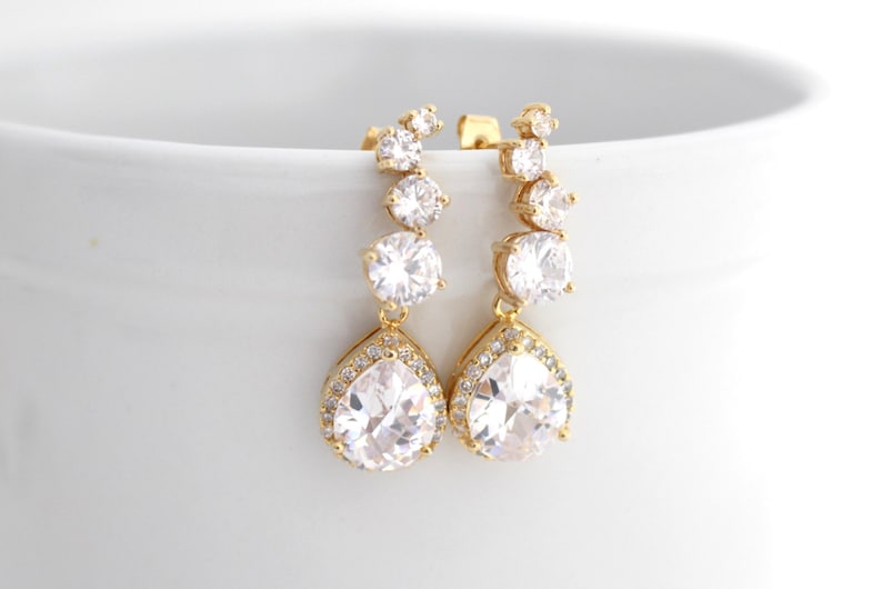 Clear Cubic Zirconia Earrings Gold Bridal Earrings Gold Luxury Wedding Earrings Teardrop Wedding Earrings Wedding Jewelry for Brides
