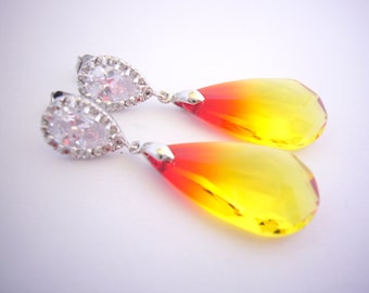 Orange Wedding: Fire opal Swarovski Orange Crystal Earrings Cubic Zirconia Teardrop Sterling Silver Post Bridesmaid Gift Yellow Wedding