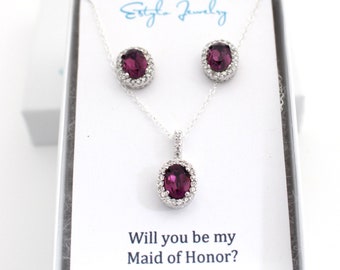 Maid of Honor Gift, Thank You For Being My Maid Of Honor Proposal, Amethyst Swarovski Stud Earrings and Necklace Set, Gold or Silver