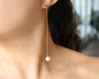 Long Pearl Dangle Earrings for Bridesmaids Gold Filled, Bridal Drop Earrings for Wedding, Sterling Silver Minimalist Single Pearl Rose Gold