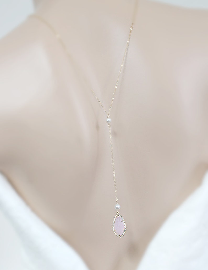 Dainty Pearl Bridal Backdrop Necklace Blush and Gold or Sterling Silver Long Back Necklace Pink Delicate Wedding Back Drop Necklace