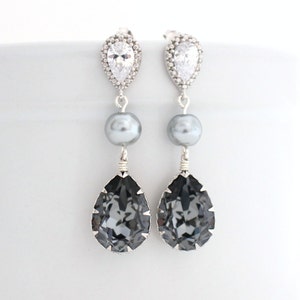 Dark Gray Wedding Earrings, Grey Pearl Bridal Earrings, Swarovski Bridal Earrings, Charcoal Wedding Jewelry, Pearl and Crystal Earrings Long