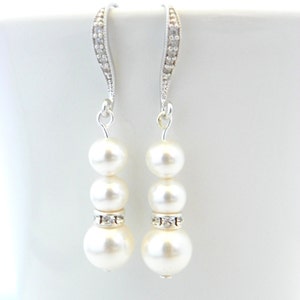 Bridal Earrings Pearl, White Bridal Pearl Wedding Earrings, Sterling Silver Dangle Earrings for Bride, Bridesmaid Gift, Grammy of the Bride