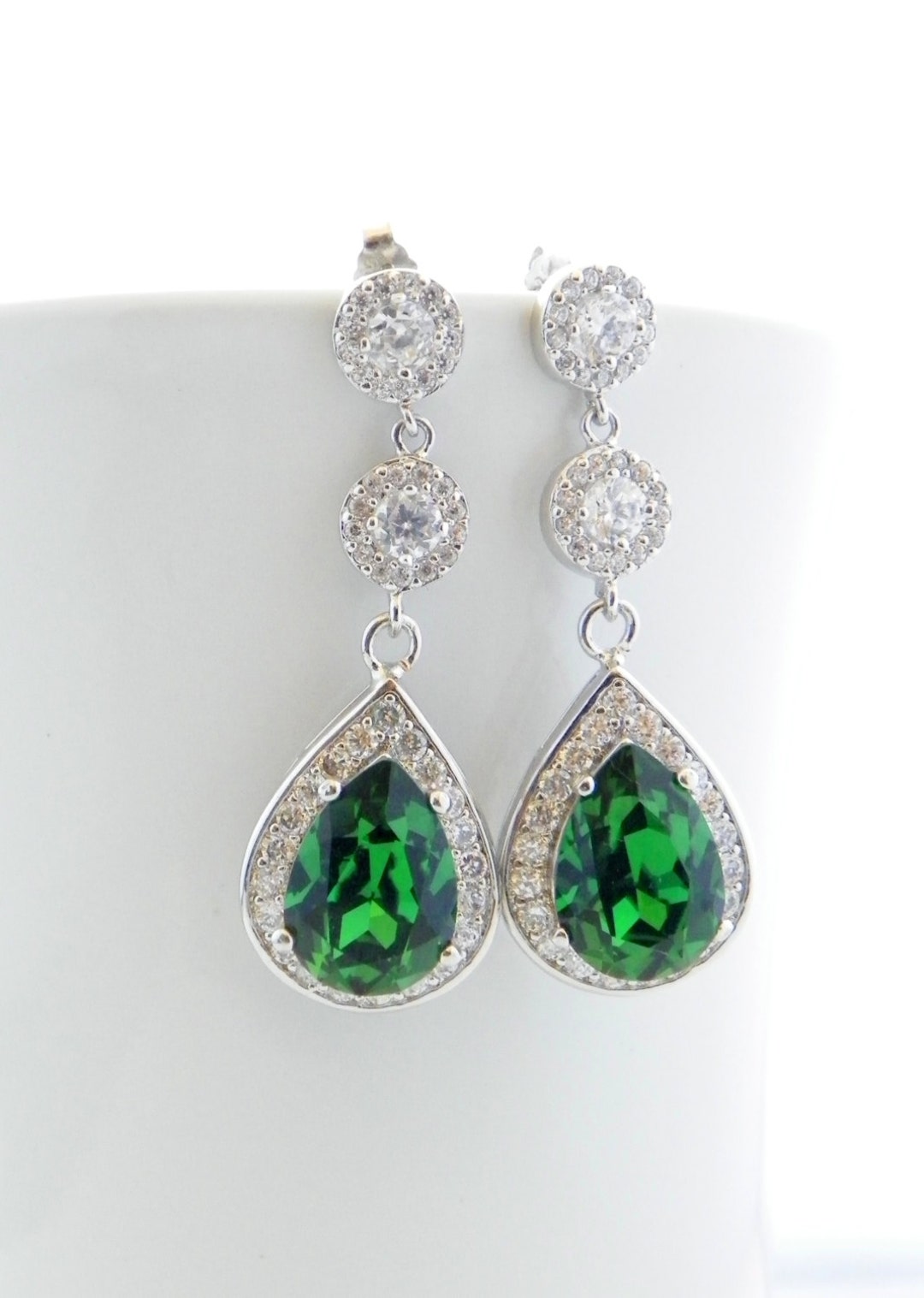 Green Wedding Earrings, Moss Green Swarovski Earrings, Cubic Zirconia