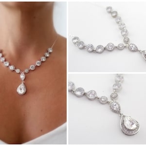 Statement Wedding Necklace, Cubic Zirconia Necklace, Swarovski Crystal Necklace, Bridal Necklace Wedding Teardrop Necklace Bridal Y Necklace