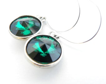 Bridesmaid Gift Ideas, Emerald Bridesmaid Earrings, Emerald Wedding Jewelry, Emerald Swarovski Earring, Green Rivoli Earring Sterling Silver