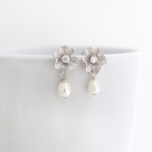 Real Pearl Bridal Drop Earrings, Small Wedding Earrings for Bride, Silver Wedding Earrings or Gold, Tiny Freshwater Pearl Flower Dangle Post