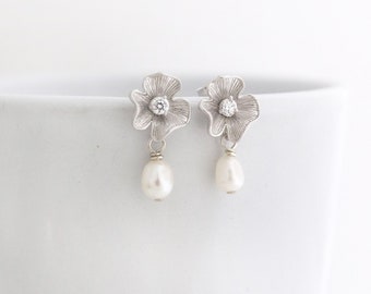 Real Pearl Bridal Drop Earrings, Small Wedding Earrings for Bride, Silver Wedding Earrings or Gold, Tiny Freshwater Pearl Flower Dangle Post