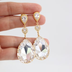 Large Teardrop Wedding Earrings for Bride, Drop Crystal Bridal Earrings, Big Statement Earrings Sterling Silver, Gold Rose Gold Long Earing
