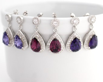 Plum Bridesmaid Earrings, Purple Pear Crystal Earrings, Tanzanite Swarovski Teardrop, Amethyst Cubic Zirconia Post, Violet Bridal Sterling