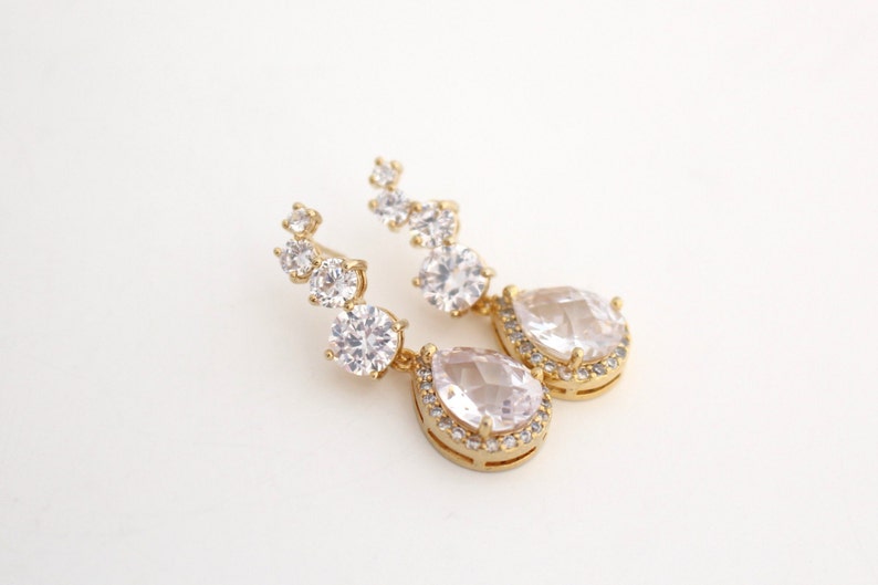 Clear Cubic Zirconia Earrings Gold Bridal Earrings Gold Luxury Wedding Earrings Teardrop Wedding Earrings Wedding Jewelry for Brides