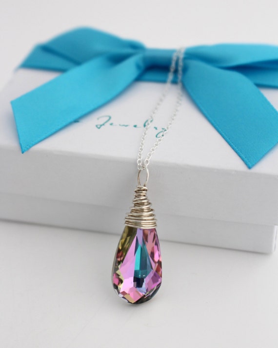 Lavender Swarovski Pendant Necklace, Bridesmaid Teardrop Necklace, Vitrail Light Necklace, Teal and Pink Necklace, Sterling Silver Gold Fill