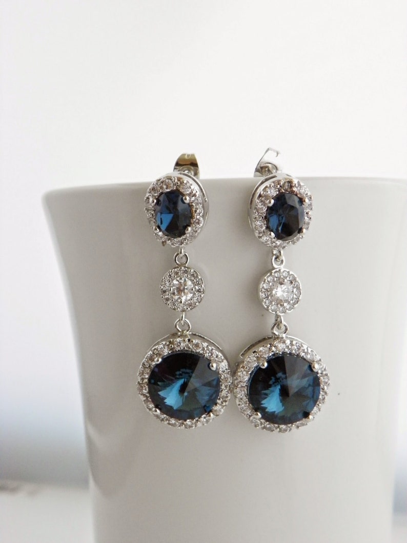 Blue Austrian Crystal and Hematite Hoop Earrings in Sterling Silver