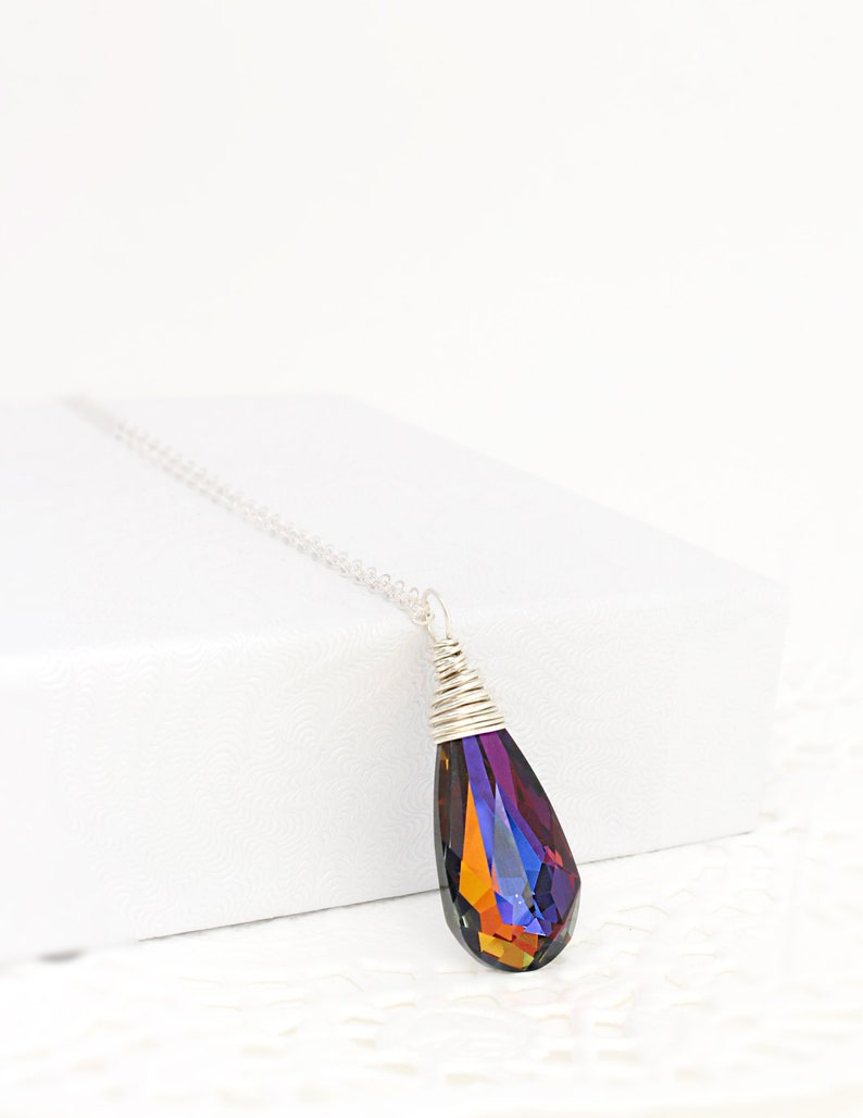 Red and Blue Bridesmaid Necklace, Volcano Swarovski Teardrop Necklace, Handmade Wire Wrapped Jewelry Bridesmaid Gift Sterling Silver Gold image 1