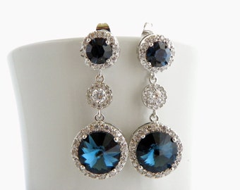 Montana Blue Swarovski Earrings, Navy Blue Wedding Earrings, Blue Drop Earrings, Cubic Zirconia Earrings Blue Bridesmaid Jewelry Blue Earing