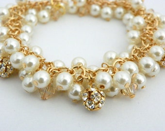 Ivoorparelarmband, parelclusterarmband, gouden parelarmband, parel bruidsarmband parel, dikke parelarmband, parel bruiloftssieraden