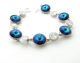 Peacock Blue Wedding Bracelet, Blue Bridal Bracelet, Bermuda Blue Bracelet, Blue Bridal Jewelry, Blue Silver Crystal Bracelet Cubic Zirconia