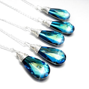 Blue Bridesmaid Necklaces Set of 5, FIVE Bermuda Blue Teal Swarovski Crystal Necklaces, Blue Teardrop, Sterling Silver Gold Filled Rose Gold