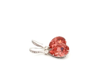 Coral Bridal Earrings, Peach Bridesmaid Earrings, Austrian Crystal Teardrop, Sterling Silver, Cubic Zirconia