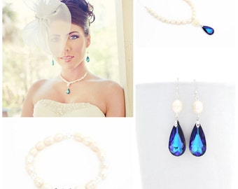 Purple Peacock Wedding Jewelry Set, Purple Wedding Earrings and Bracelet, Wedding Teardrop Earrings, Bridal Earrings and Necklace Set, Teal