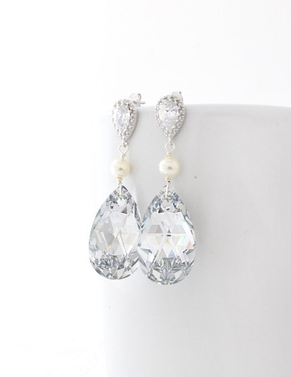 Swarovski Crystal Bridal Earrings Pearl Wedding Earrings Etsy