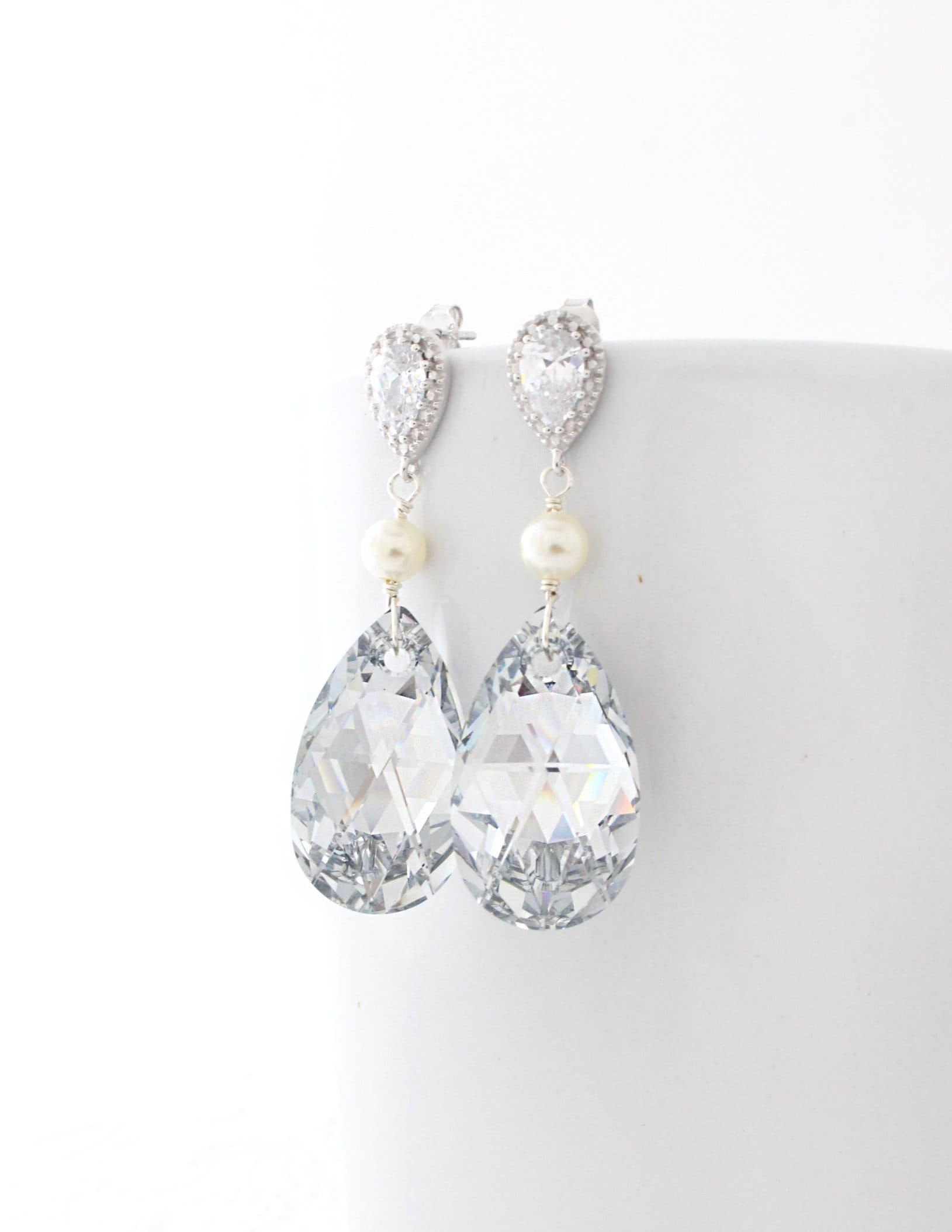 Swarovski Crystal Bridal Earrings, Pearl Wedding Earrings, Gold, Rose, Silver Wedding Teardrop Earrings, Statement Cubic Zirconia Earings