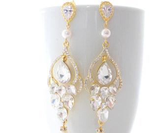 Gold Chandelier Earrings, Great Gatsby Wedding Earrings, Gold Bridal Earrings, Bridal Chandelier Earrings, Pearl Chandelier Earrings Wedding
