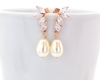 Cream Bridal Pearl Drop Earrings Rose Gold, Teardrop Earring for Bridesmaid, Silver Pearl Wedding Earrings Delicate Flower Earring for Bride