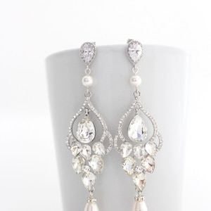 Long Bridal Chandelier Earrings Chandelier Wedding Earrings Crystal and Pearl Earrings Vintage Style Jewelry Crystal Statement Gold Earrings image 4