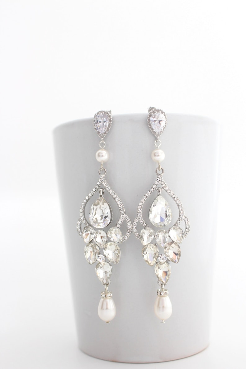 Long Bridal Chandelier Earrings Chandelier Wedding Earrings Crystal and Pearl Earrings Vintage Style Jewelry Crystal Statement Gold Earrings image 4