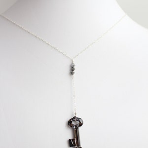 Swarovski Skeleton Key Necklace, Birthday Gift for Girlfriend, Best Friend Gift, Charcoal Pendant Necklace, Crystal Y Necklace Gray Necklace image 3